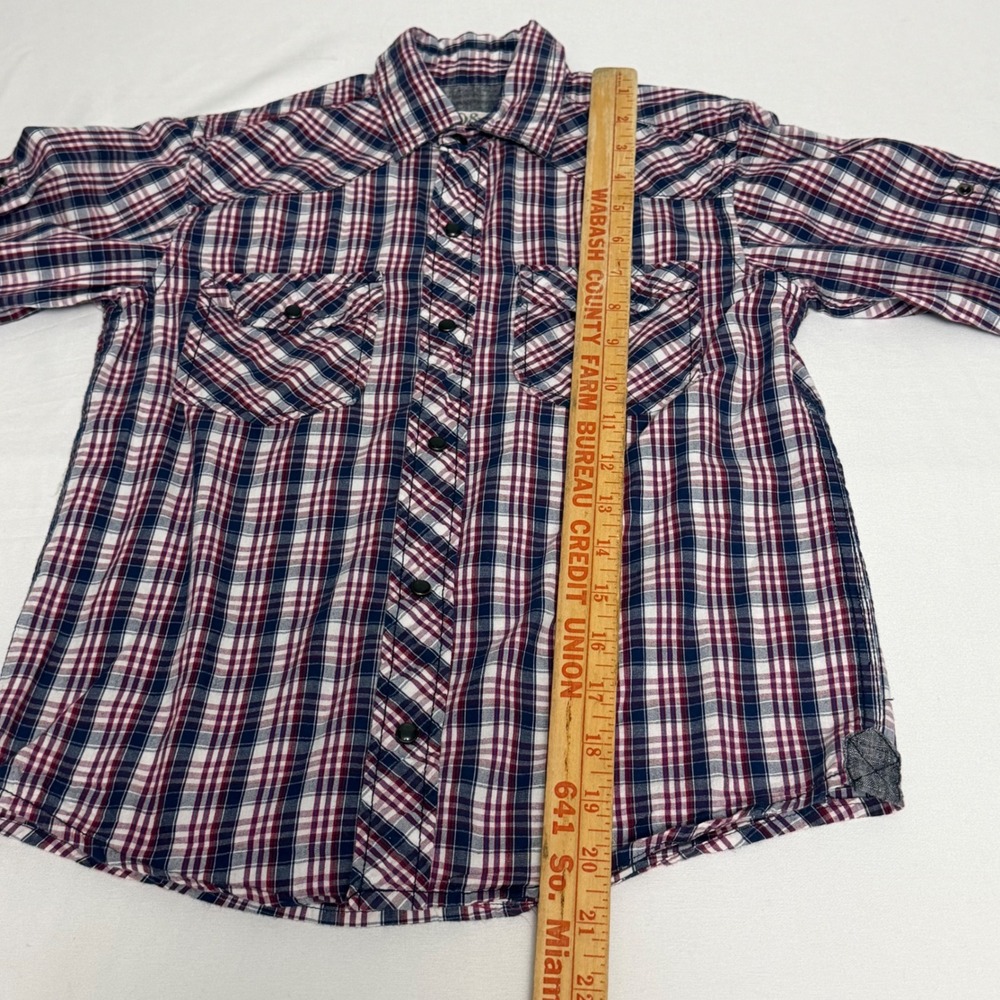 PD&C Boys Large‎ 16 Red Blue White Plaid Western Snap Front Cotton Shirt Cowboy - Picture 4 of 6
